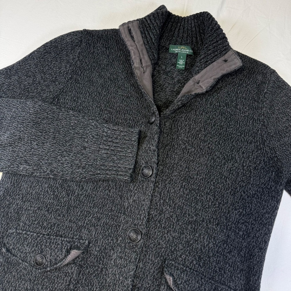 LRL Ralph Lauren Jeans Co. Women's Large Crest Buttons‎ Cardigan Sweater Gray